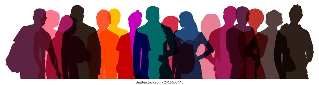 Siluetas transparentes multicolores de hombres y mujeres, en modo de multiplicación, un grupo de empresarios permanentes. Varias personas agrupan la silueta. Ilustración vectorial plana aislada en el fondo.