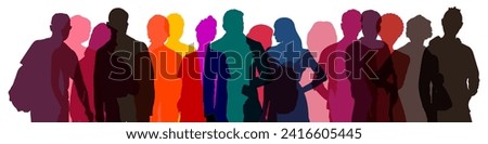 Multi-colored transparent silhouettes of men and women, multiply mode, a group of standing business people. Diverse people group silhouette. Flat vector illustration isolated on background.