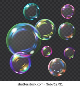 Multicolored transparent soap bubbles with glares. Transparency only in vector format. Can be used with any background