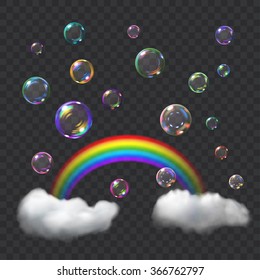 Multicolored transparent soap bubbles with glares, rainbow and clouds. Transparency only in vector format. Can be used with any background