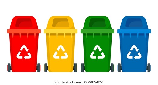 Multicolored trash bins with recycling symbols for e-waste, plastic, metal, glass, paper, organic trash. Vector illustration