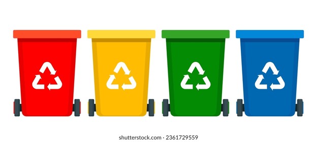 Multicolored trash bins with recycling symbols for e-waste, plastic, metal, glass, paper, organic trash. Vector illustration