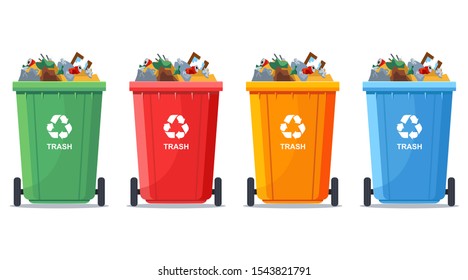 Multi-colored trash cans are full. Flat vector illustration.