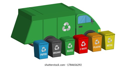 latas de basura multicolores con un logo cerca de un camión de basura verde con un logo en un fondo blanco. Concepto de ecología. ilustración vectorial 3d