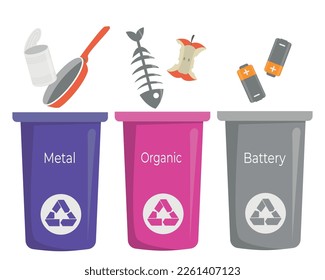 Multicolored trash cans with metal, organics, batteries for further recycling. Separate waste collection, waste sorting. White background. Flat style, vector.