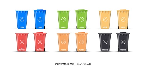 Multi-colored trash cans. Set of realistic trash containers. Vector 3d.