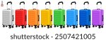 Multicolored travel suitcases, cabin luggage. 3D realistic baggage icon set, various colors, travel concept. Vector illustration