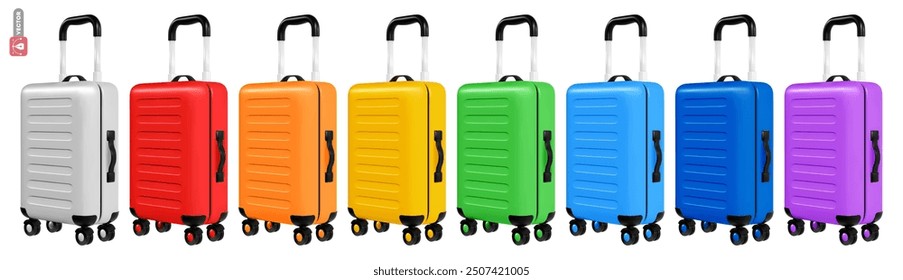 Multicolored travel suitcases, cabin luggage. 3D realistic baggage icon set, various colors, travel concept. Vector illustration