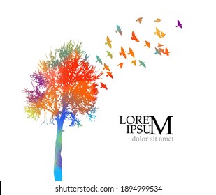 A multicolored tree with flying birds. Vector illustration