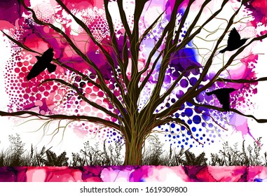 A multi-colored tree. Mixed media. Hello summer. Vector illustration
