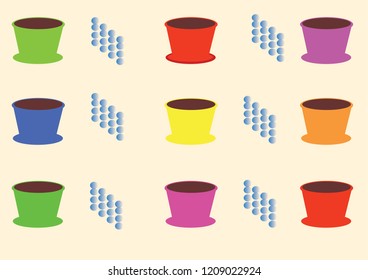 Multicolored tree pots alternate with circles placed on a light yellow background victor
