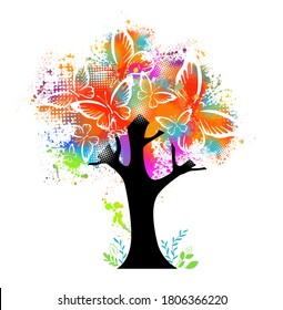 A multi-colored tree with rainbow blots and with butterflies. Vector illustration