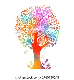 A multi-colored tree with rainbow leaves and flowers. Vector illustration