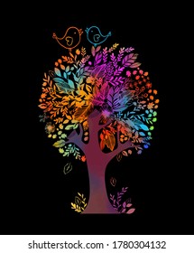 Ein mehrfarbiger Baum mit Regenbogenblättern, Blumen und Vögeln. Vektorgrafik