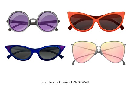 Multicolored Trendy Accessory. Sunglasses Vector Illustrated Set