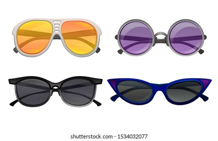 Multicolored Trendy Accessory. Sunglasses Vector Illustrated Set