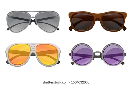 Multicolored Trendy Accessory. Sunglasses Vector Illustrated Set