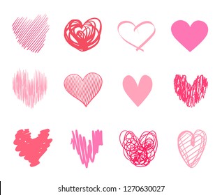 Multicolored trendy hearts on isolated white background. Hand drawn set of love signs. Unique abstract signs for design. Line art creation. Colored illustration. Elements for poster or flyer