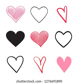 Multicolored trendy hearts on isolated white background. Hand drawn set of love signs. Unique abstract signs for design. Line art creation. Elements for poster or flyer