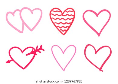 Multicolored trendy hearts on isolated white background. Hand drawn set of love signs. Unique abstract signs for design. Line art creation. Colored illustration. Elements for poster or flyer