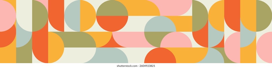 Multicolored trendy seamless background of circles and squares in Scandinavian style of the 60s and 70s. Covering of orange, pink and green geometric shapes in retro texture for wallpaper or packaging