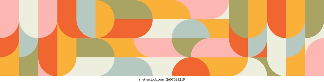 Multicolored trendy seamless background of circles and squares in Scandinavian style of the 60s and 70s. Covering of orange, pink and green geometric shapes in retro texture for wallpaper or packaging