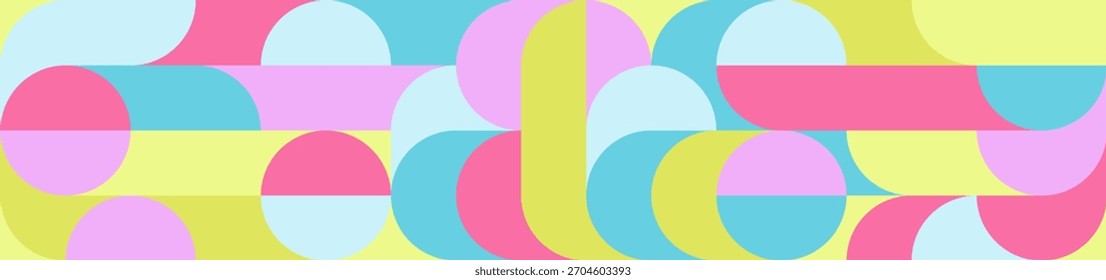 Fondo sin fisuras de moda multicolor de círculos y cuadrados en estilo escandinavo de los años 90. Revestimiento de Formas geométricas naranjas, rosas y verdes en textura retro para Fondo de pantalla o embalaje