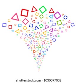 Multicolored Triangle And Square Frames explosion fountain. Object fountain constructed from random triangle and square frames design elements as fireworks.