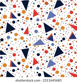 multicolored triangles seamless background pattern, in the style of playful figures, simple, yellow and green, confetti-like dots, loose gestures, uhd image, abstract minimalism appreciator