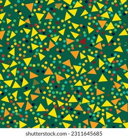 multicolored triangles seamless background pattern, in the style of playful figures, simple, yellow and green, confetti-like dots, loose gestures, uhd image, abstract minimalism appreciator