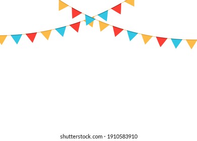 Multicolored triangular flags on ropes on a white background. Decoration from triangular flags.