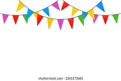 Multicolored triangular flags on ropes on a white background. Decoration of triangular flags. Vector illustration