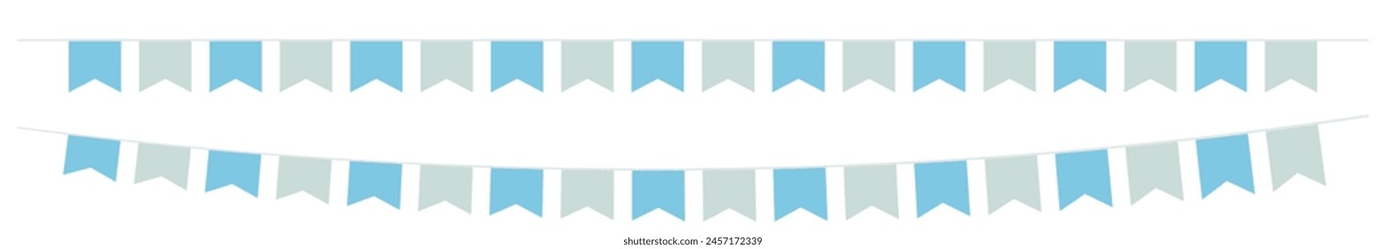 Multicolored triangular flags on ropes on a white background. Decoration from triangular flags.