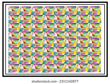 Multicolored triangular geometric shapes in a black frame on a white background, use as background or wallpaper.