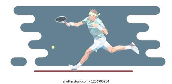 Multicolored triangulated vector tennis player. Active sport. Tennis player in attack. Abstract vector tennis player