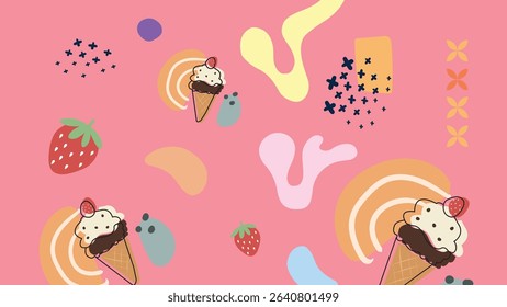 Multicolored triple scoop cones and cute icons on soft yellow. Perfect for summer treats, dessert branding, and kids product visuals.