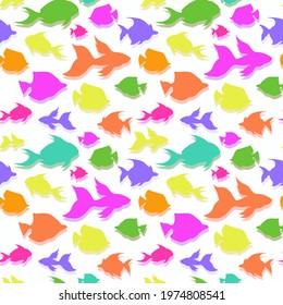 Multicolored tropical fishes silhouette seamless pattern. Exotic ocean surface pattern design. Marine animals contour endless texture. School of fish boundless background. Cute sea life editable tile.