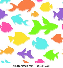 Multicolored tropical fishes silhouette seamless pattern. Exotic ocean surface pattern design. Marine animals contour endless texture. School of fish boundless background. Cute sea life editable tile.