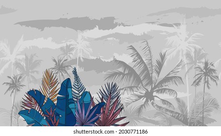 Multicolored Tropical leaves on gray monochrome foggy background. Seamless botanical pattern border, frame with coconut palm trees with aerial perspective