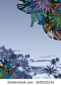 Multicolored Tropical leaves on gray monochrome foggy background. Botanical pattern border, frame with coconut palm trees with aerial perspective