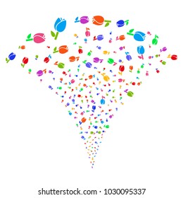 Multicolored Tulip explosion fountain. Object fountain constructed from random tulip pictographs as fireworks. Vector illustration style is flat iconic symbols with psychedelic colors.