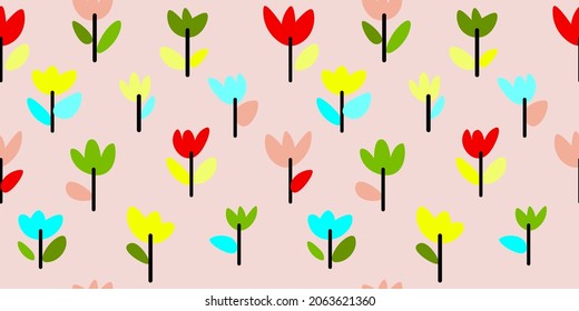 Multicolored tulips seamless pattern. Cartoon flowers on a pastel background.