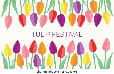 Multi-colored tulips of simple form frame above and below. In the middle is inscription. Cute image is suitable for banners, cards. The concept of spring, summer. Red, yellow, orange, violet shades.