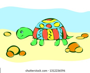 Multicolored turtle in the style of Doodle goes through the desert, sand, sky-vector cartoon illustration