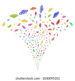 Multicolored UFO fireworks fountain. Object fountain created from random UFO pictographs as fireworks. Vector illustration style is flat iconic symbols with psychedelic colors.