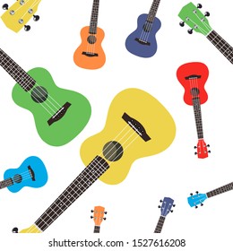 multicolored ukulele pattern on a white background. Guitar pattern. Green, Orange, Yellow, Purple, Blue, Red