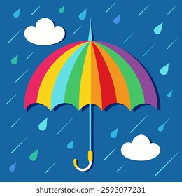 multicolored umbrella against the background of rain
