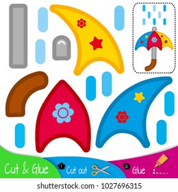 Multi-colored umbrella with drops of rain water. Education paper game for preshool children. Vector illustration.