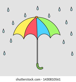 Multi-colored umbrella and raindrops. Vector illustration.