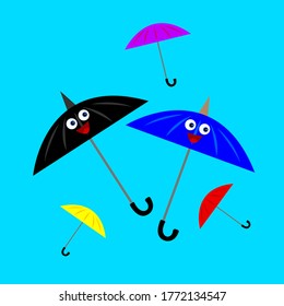 Multicolored umbrellas cartoon characters with cute smiles on a background of clear blue sky concept of weather and accessories